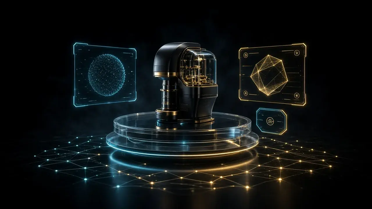Instrumento científico negro e dourado sobre pedestal de vidro, com painéis holográficos